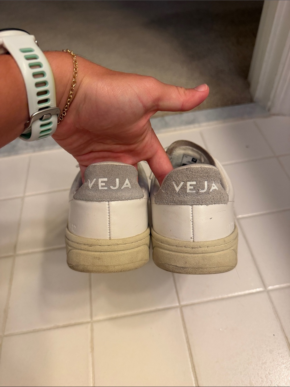 Veja Women’s V-12 Sneaker- White with Light Blue Accents - Picture 4 of 6